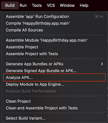 Studio Build menu option to launch APK Analyzer