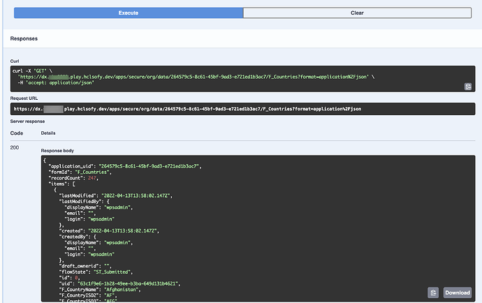See the Curl, request URL and response