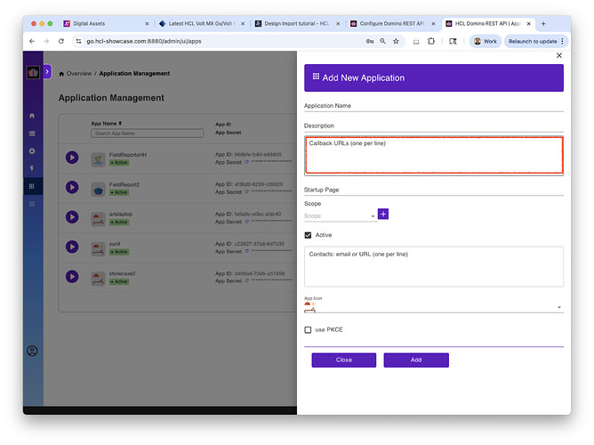 DRAPI console New App Callback URL