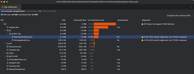APK Analyzer view showing that shared object files are present